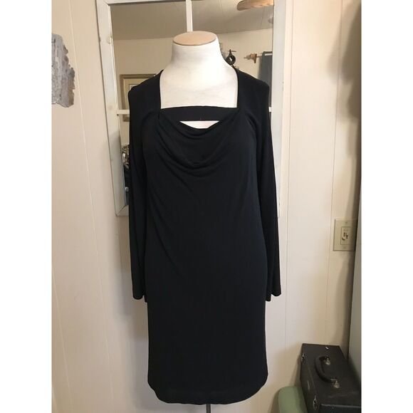 STUNNING Lida Baday Sleek Black Dress With Interesting Neckline Treatment Sz L - Picture 1 of 6